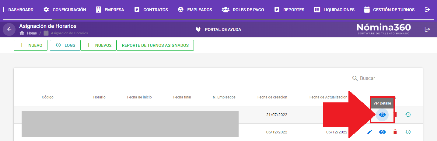 Listado de asignaciones con el botón Ver Detalle