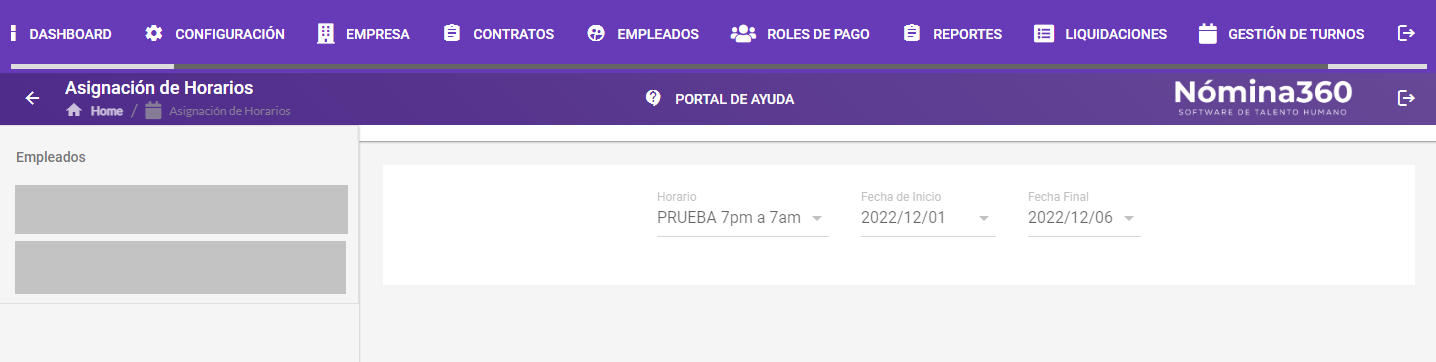Pantalla con los datos de la asignación de turnos