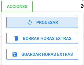 Botón Acciones desplegado con las opciones Procesar, Guardar horas extra y Eliminar horas extras