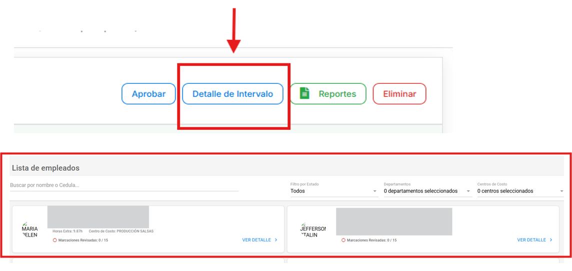 Pantalla Ver Cálculo con la lista de empleados del intervalo