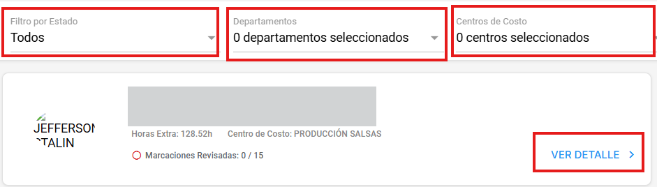 Panel de filtros por estado, departamento y buscador