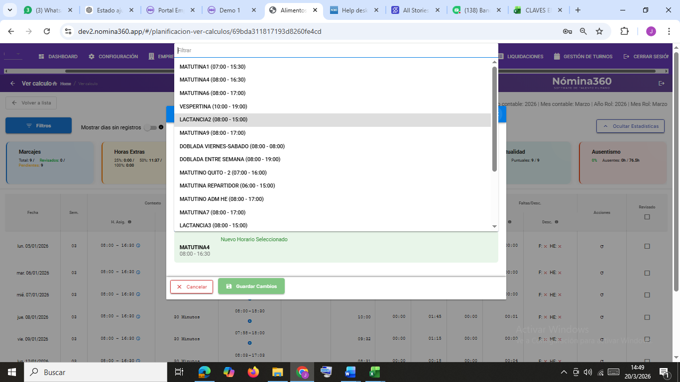 Selector con la lista de turnos disponibles