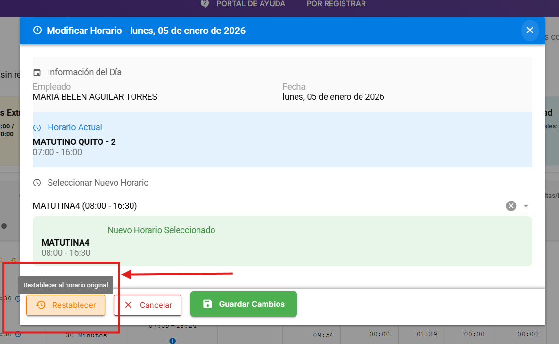 Botones Revertir al original y Cerrar en el historial