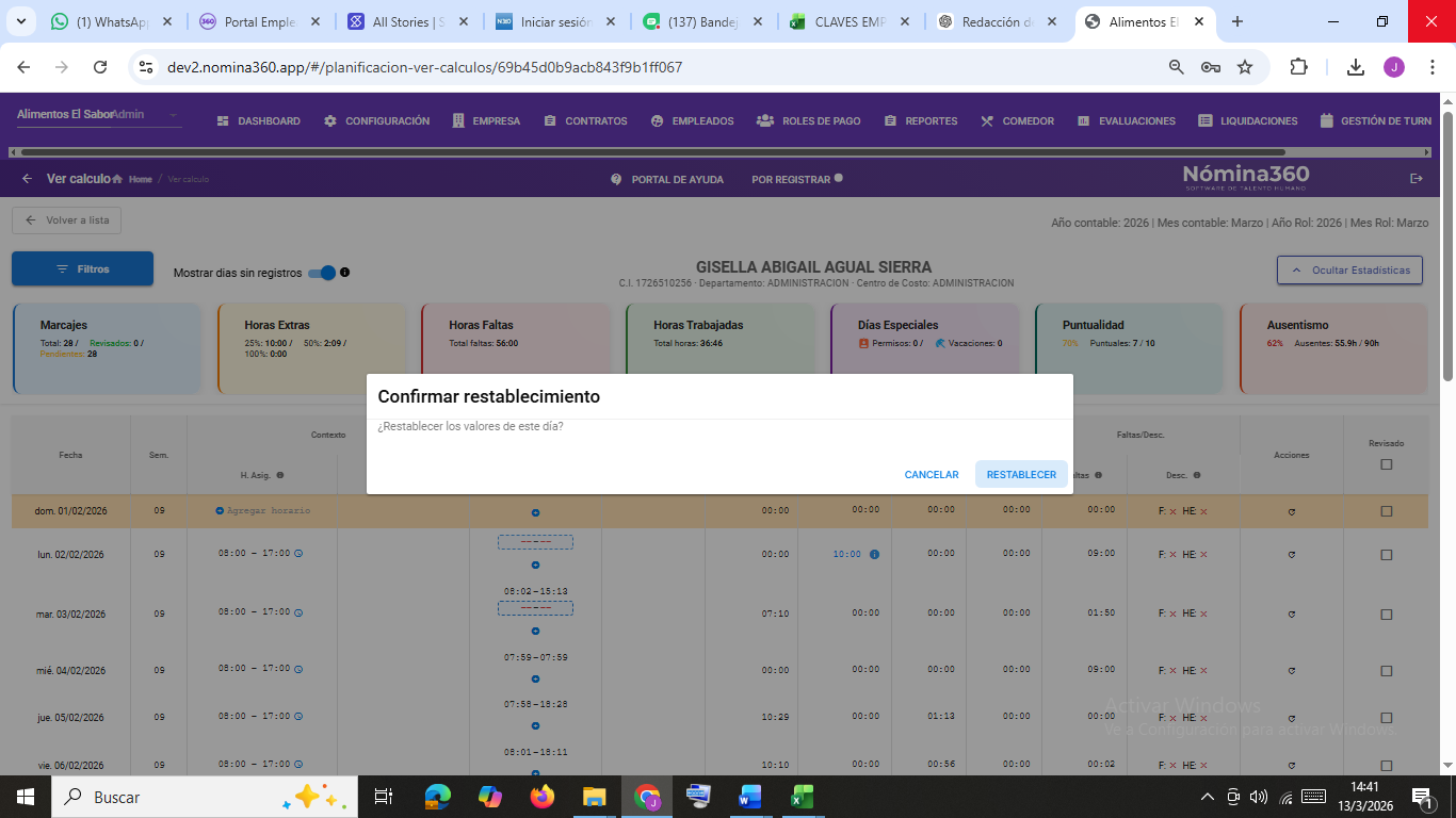 Confirmación tras restablecer un día