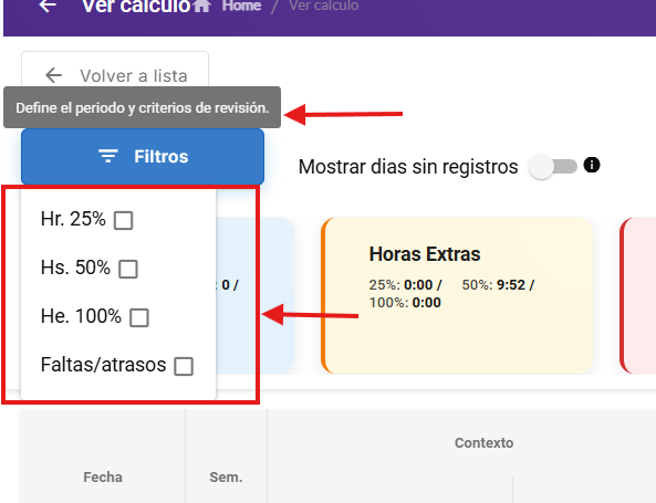 Panel Filtros con columnas opcionales para mostrar u ocultar