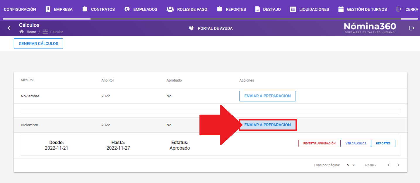 Botón Enviar a preparación en el registro de cálculos