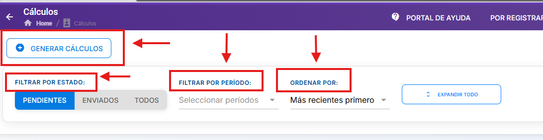 Lista de cálculos con barra de filtros y orden