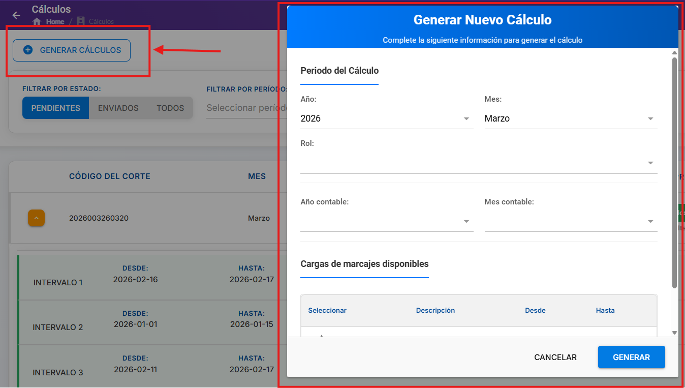 Formulario Generar Nuevo Cálculo con sus secciones