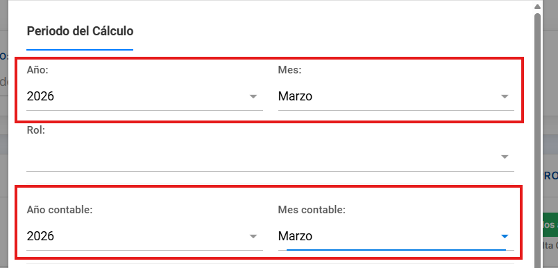 Sección con Año, Mes, Año contable y Mes contable del formulario
