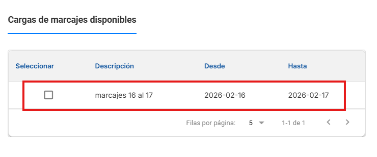 Tabla de cargas de marcajes disponibles con casillas de selección