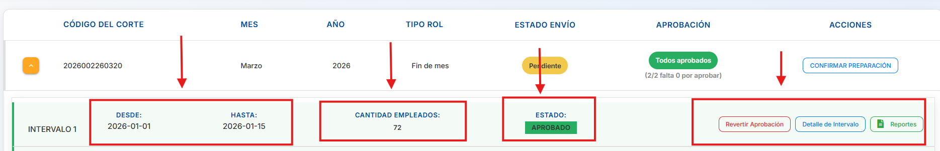 Cálculo expandido con sus intervalos y botones de acción