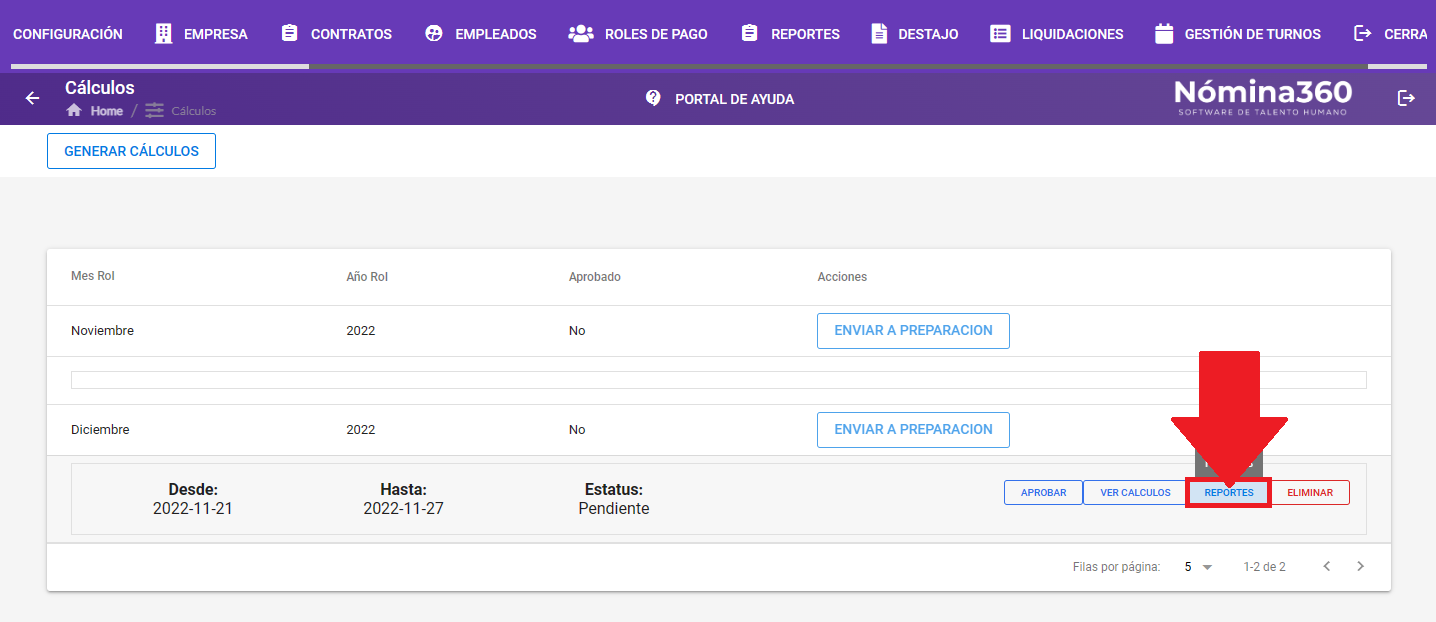 Botón Reportes en la pantalla de Cálculos