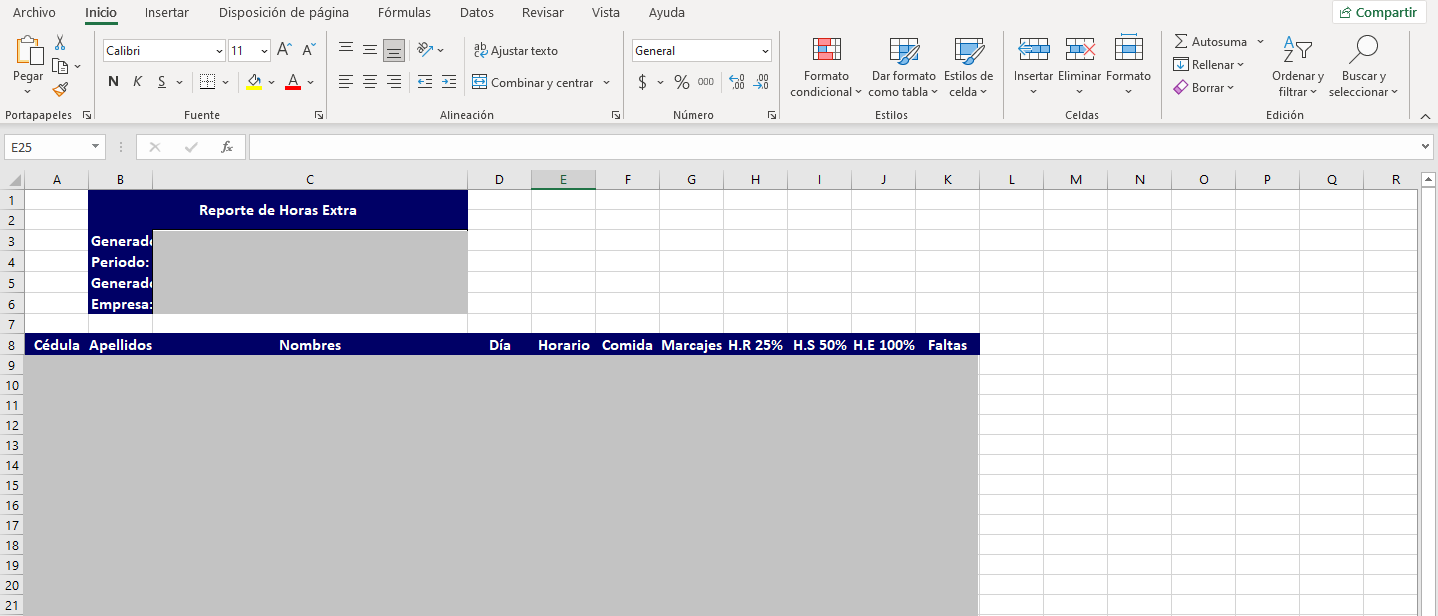 Archivo Excel descargado del reporte Horas Extra