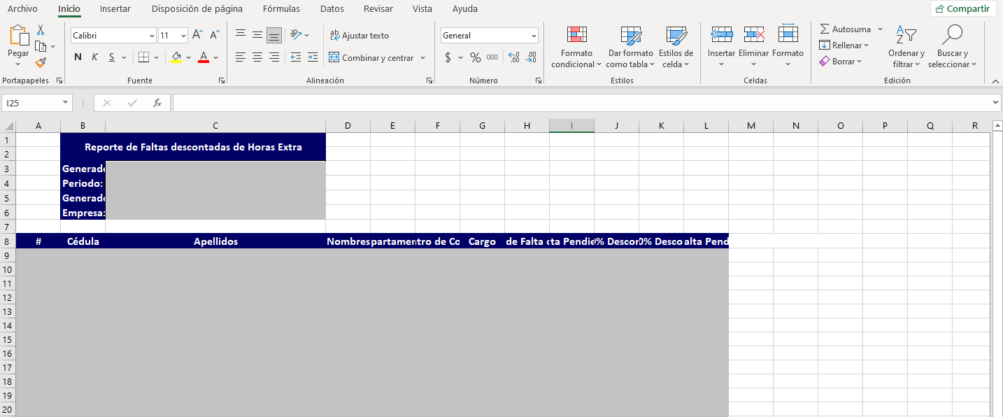 Archivo Excel descargado del reporte Horas Extra descontadas por faltas