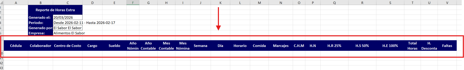 Cuerpo del reporte Horas Extra con sus columnas