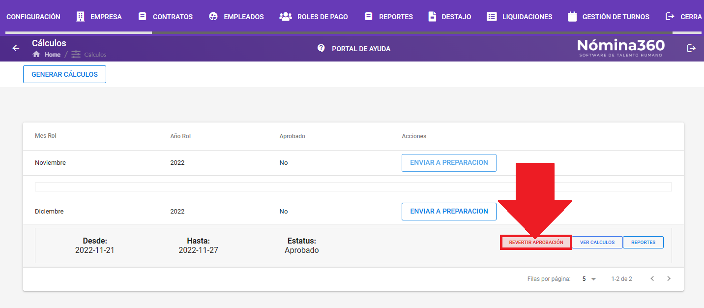Botón Revertir Aprobación en el registro de cálculos