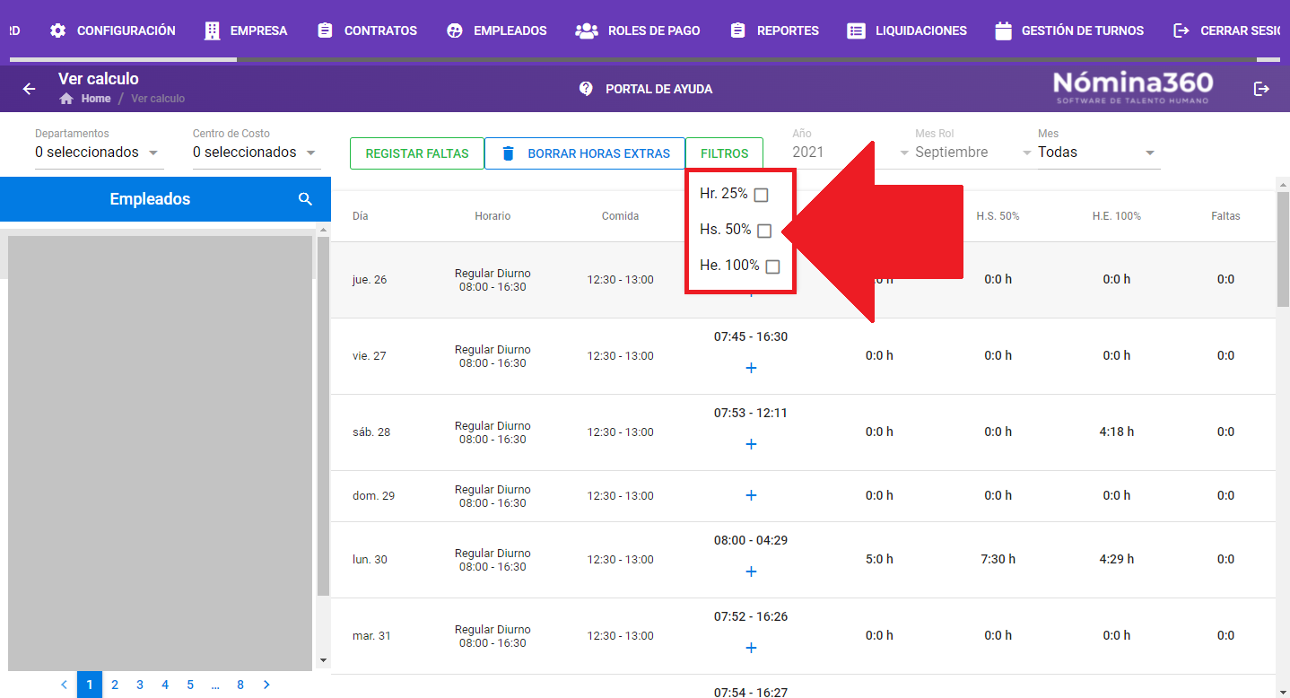 Panel de filtros con opciones de columnas a mostrar