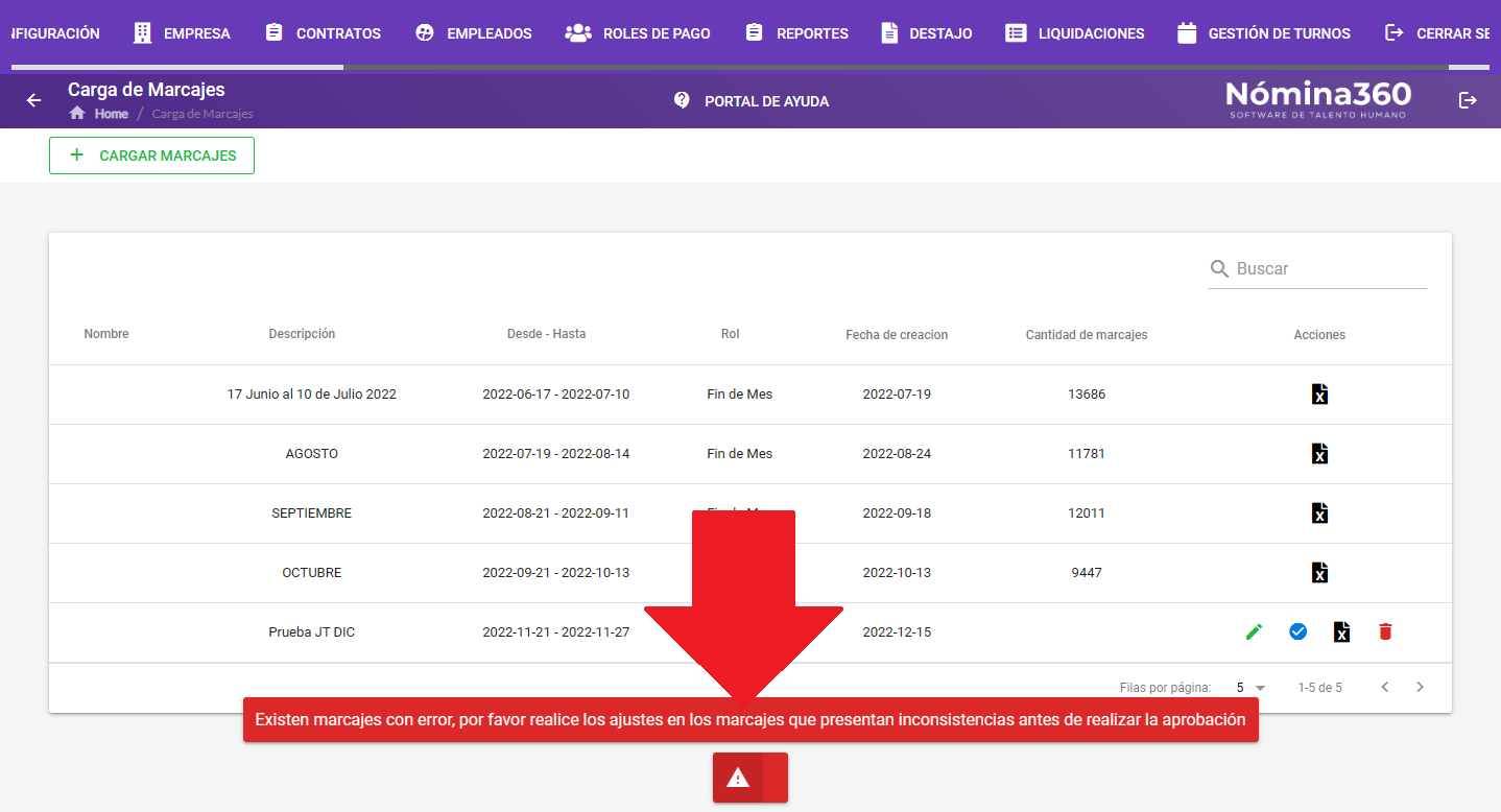 Mensaje de error por marcajes con inconsistencias