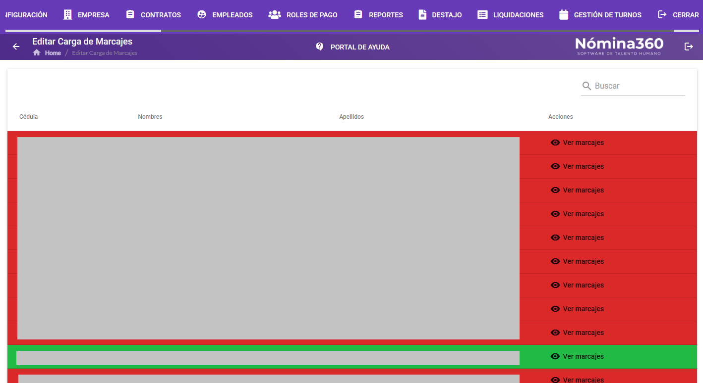 Listado de empleados con códigos de color rojo y verde