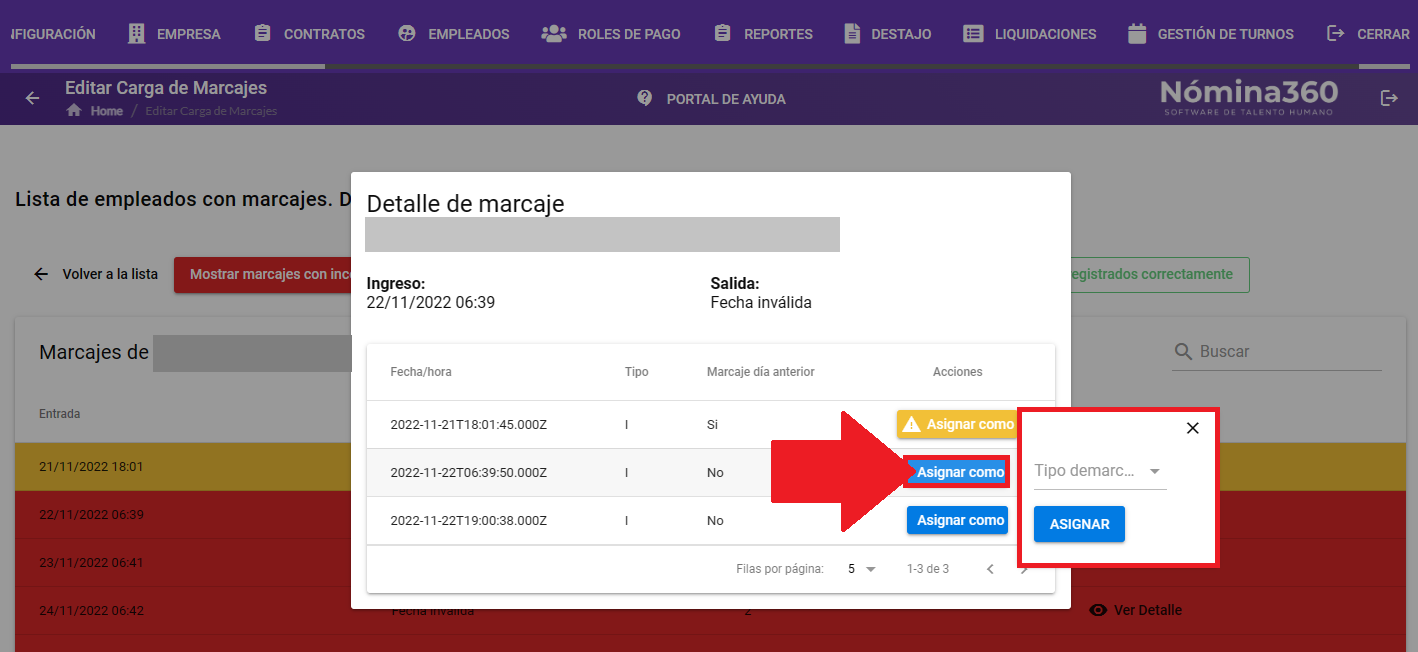Botón Asignar como con las opciones Entrada y Salida