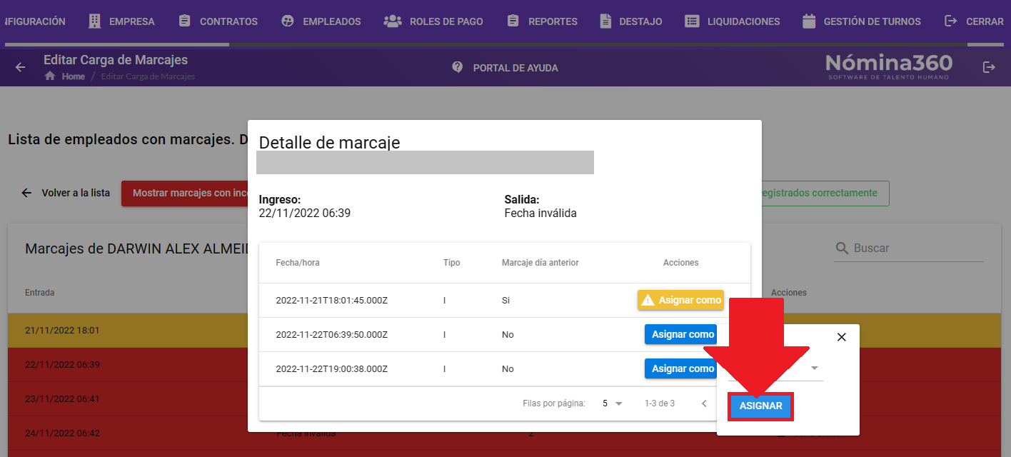 Botón Asignar para confirmar el tipo de marcaje