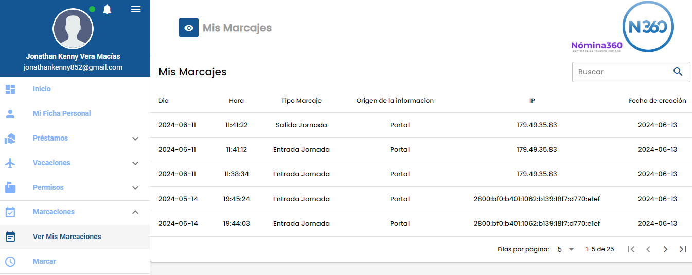 Listado de marcaciones realizadas