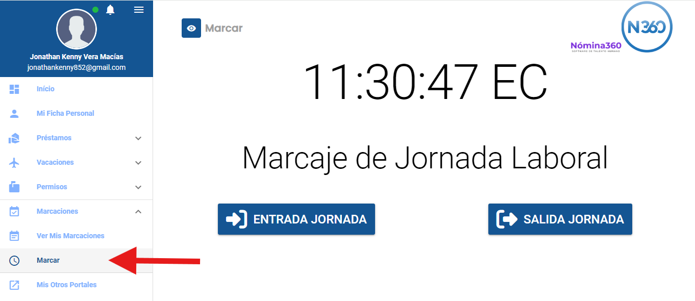 Pantalla Marcar con los botones Entrada Jornada y Salida Jornada