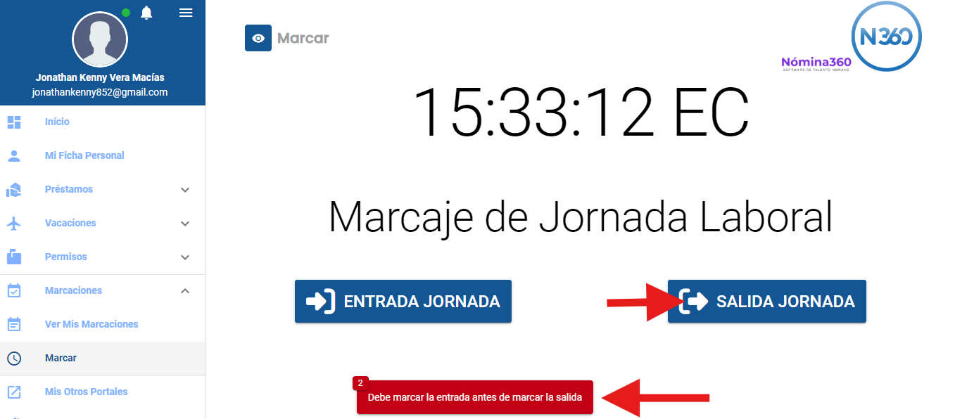Validación que impide marcar salida sin entrada previa