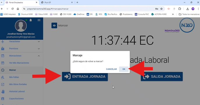 Confirmación tras hacer clic en Entrada Jornada
