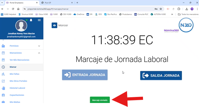 Mensaje Marcaje enviado tras la entrada de jornada