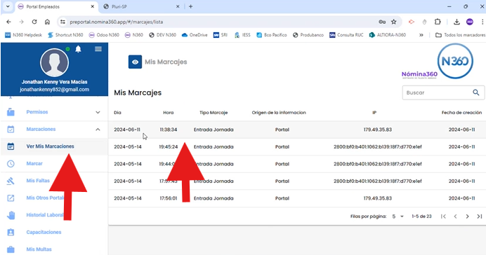 Listado con los datos del marcaje registrado