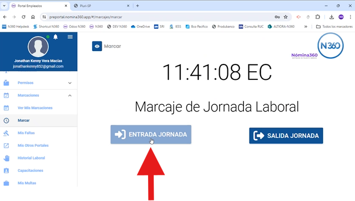 Botón Entrada Jornada con el cambio de color tras marcar