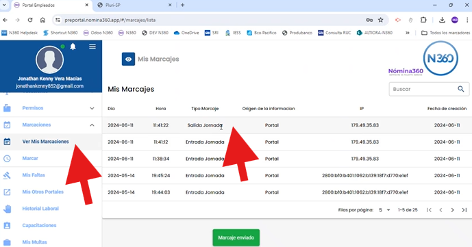 Listado con la salida de jornada registrada
