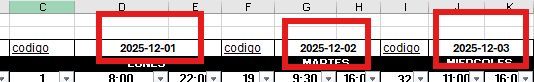 Plantilla con la fecha correspondiente al mes 12