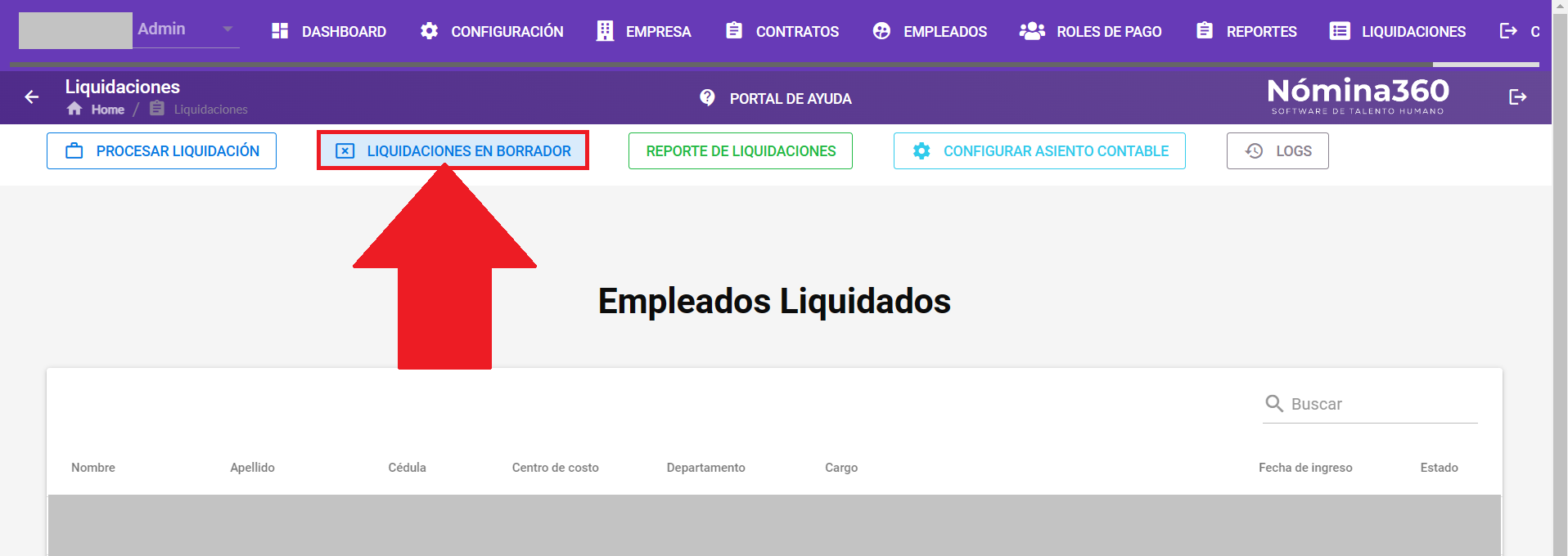 Botón Liquidaciones en borrador en el menú del módulo