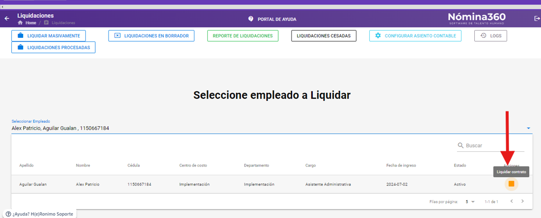 Botón naranja para iniciar la liquidación del contrato