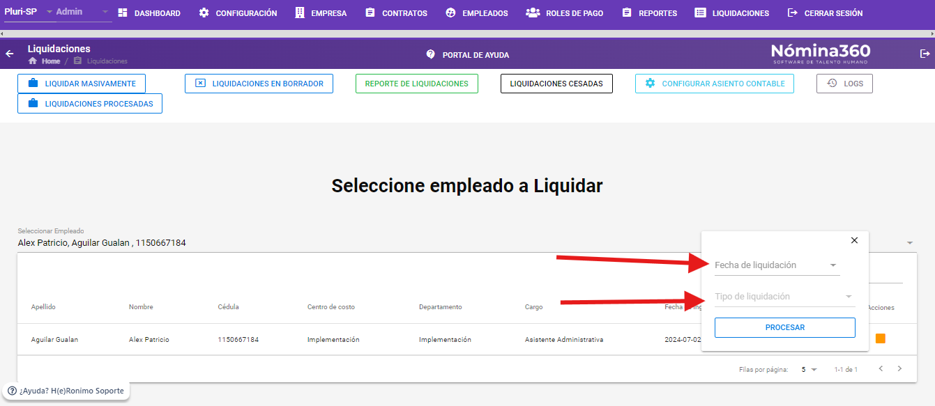 Formulario con los campos FECHA DE LIQUIDACION y TIPO DE LIQUIDACION