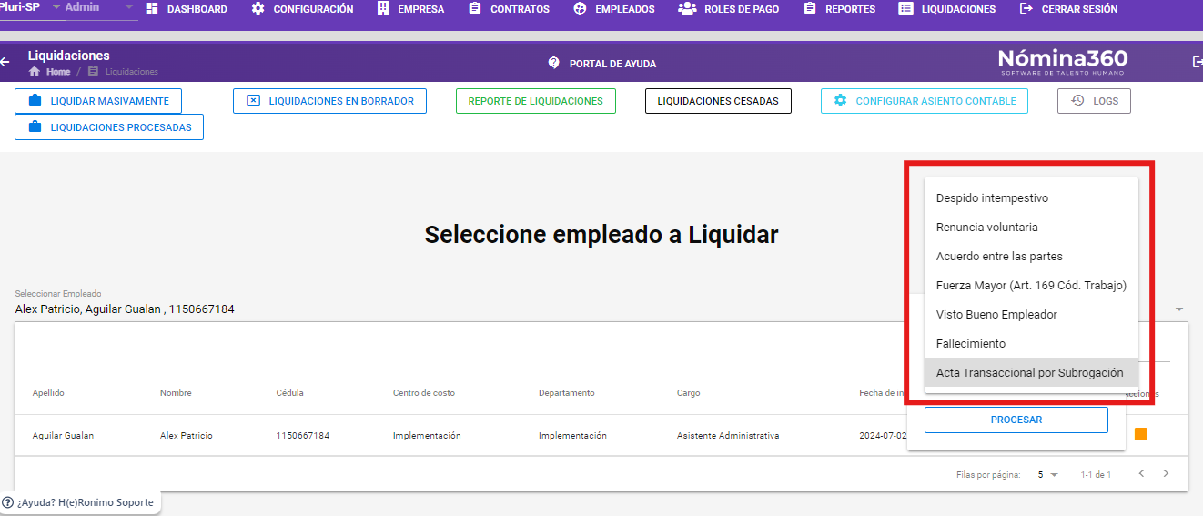 Listado desplegable con los tipos de liquidación disponibles