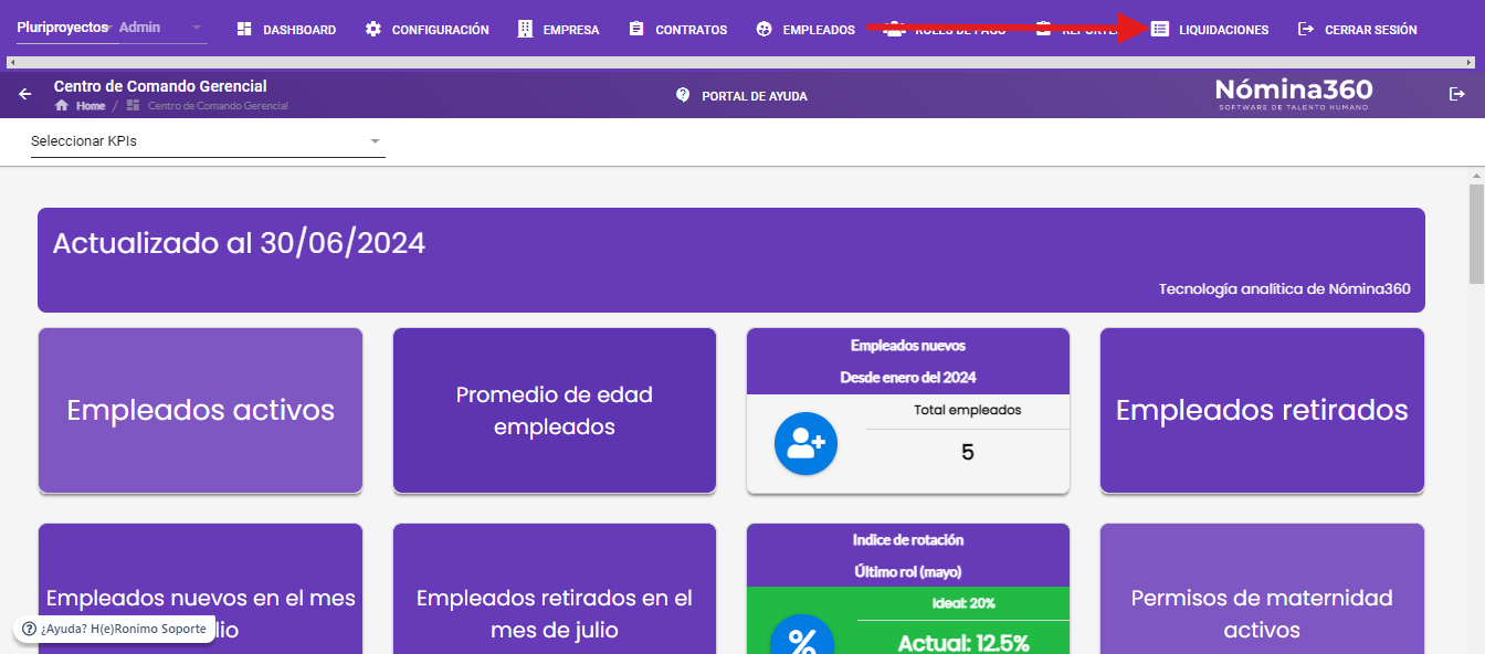 Menú superior con la opción LIQUIDACIONES seleccionada
