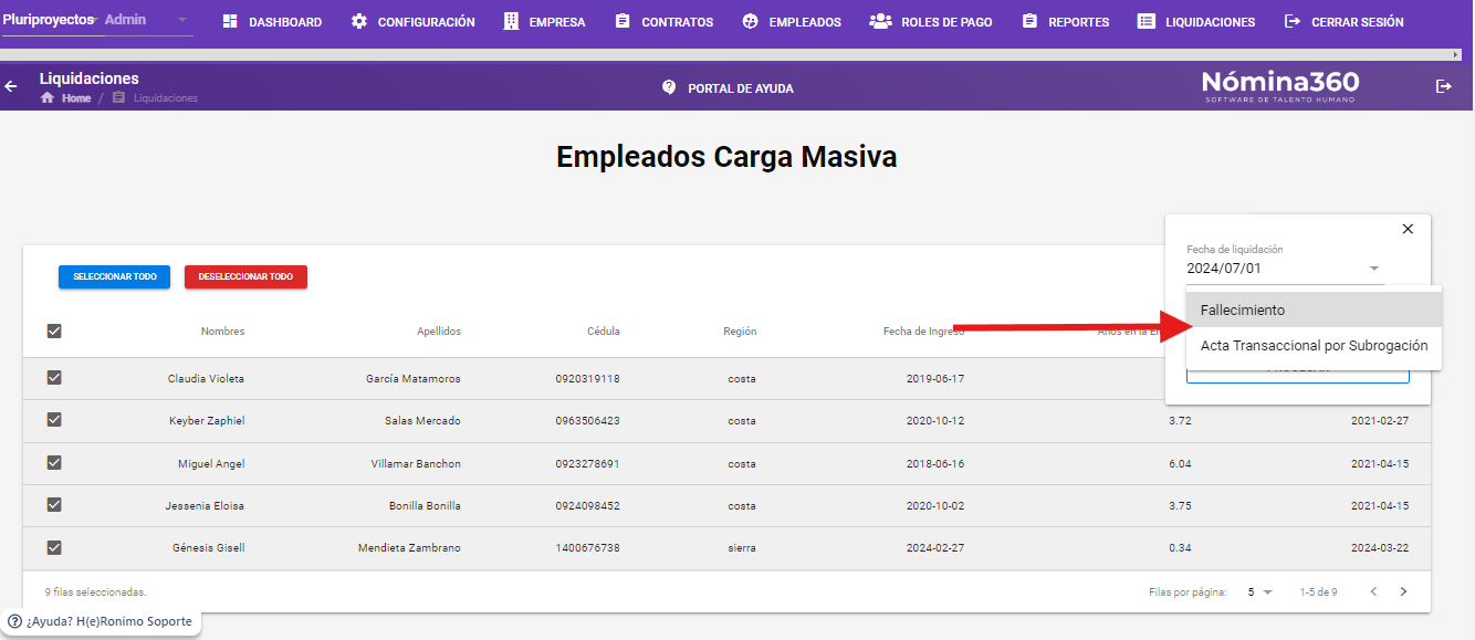 Selector con los tipos de liquidación comunes a los colaboradores