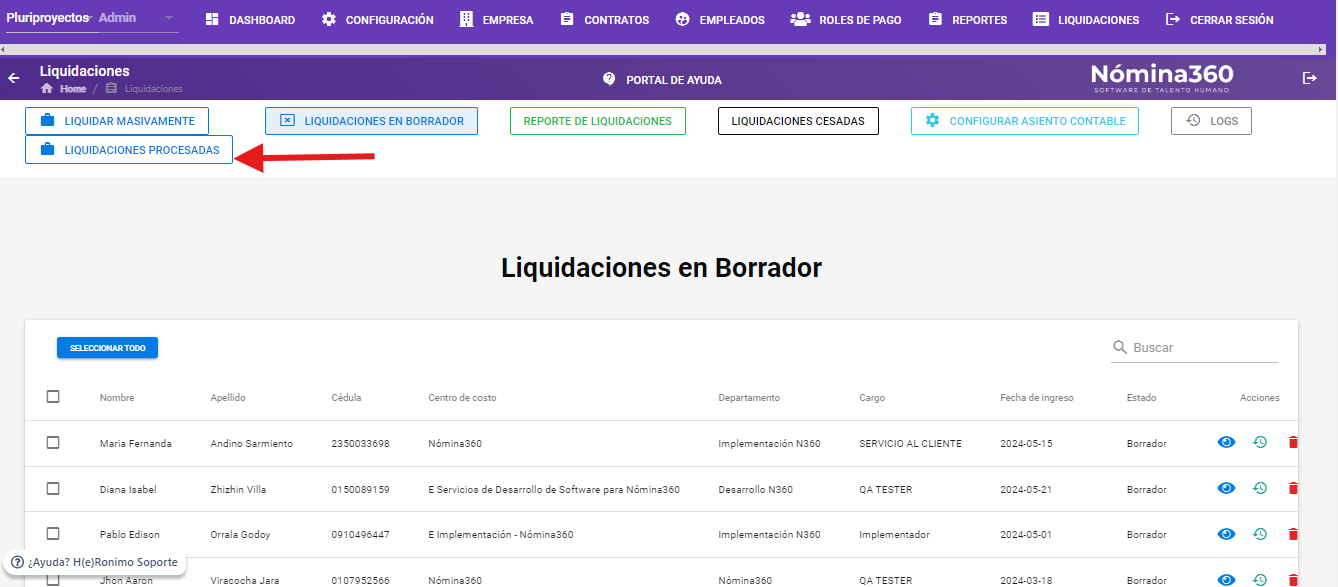 Botón LIQUIDACIONES PROCESADAS en el menú del módulo