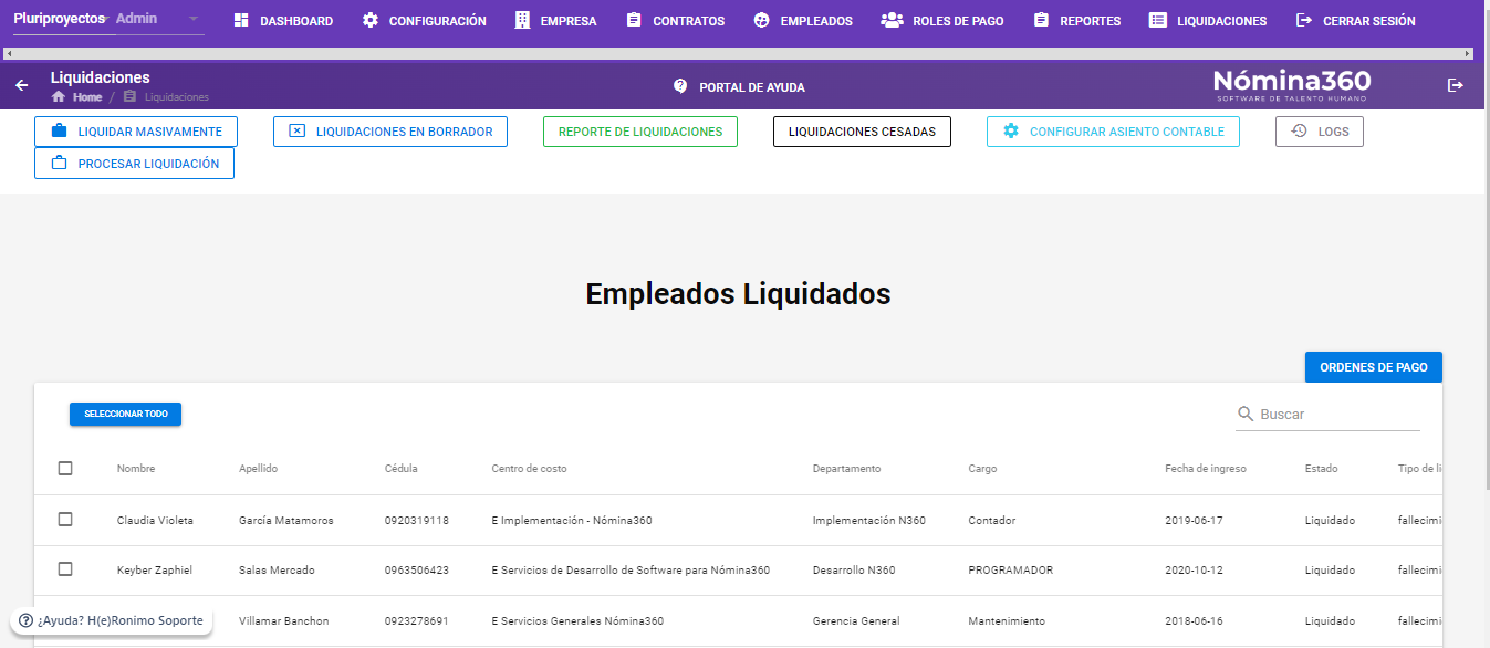 Listado final de colaboradores con liquidaciones procesadas