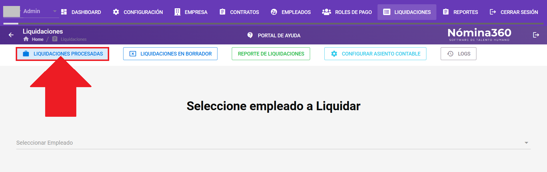Botón Liquidaciones Procesadas en el menú del módulo