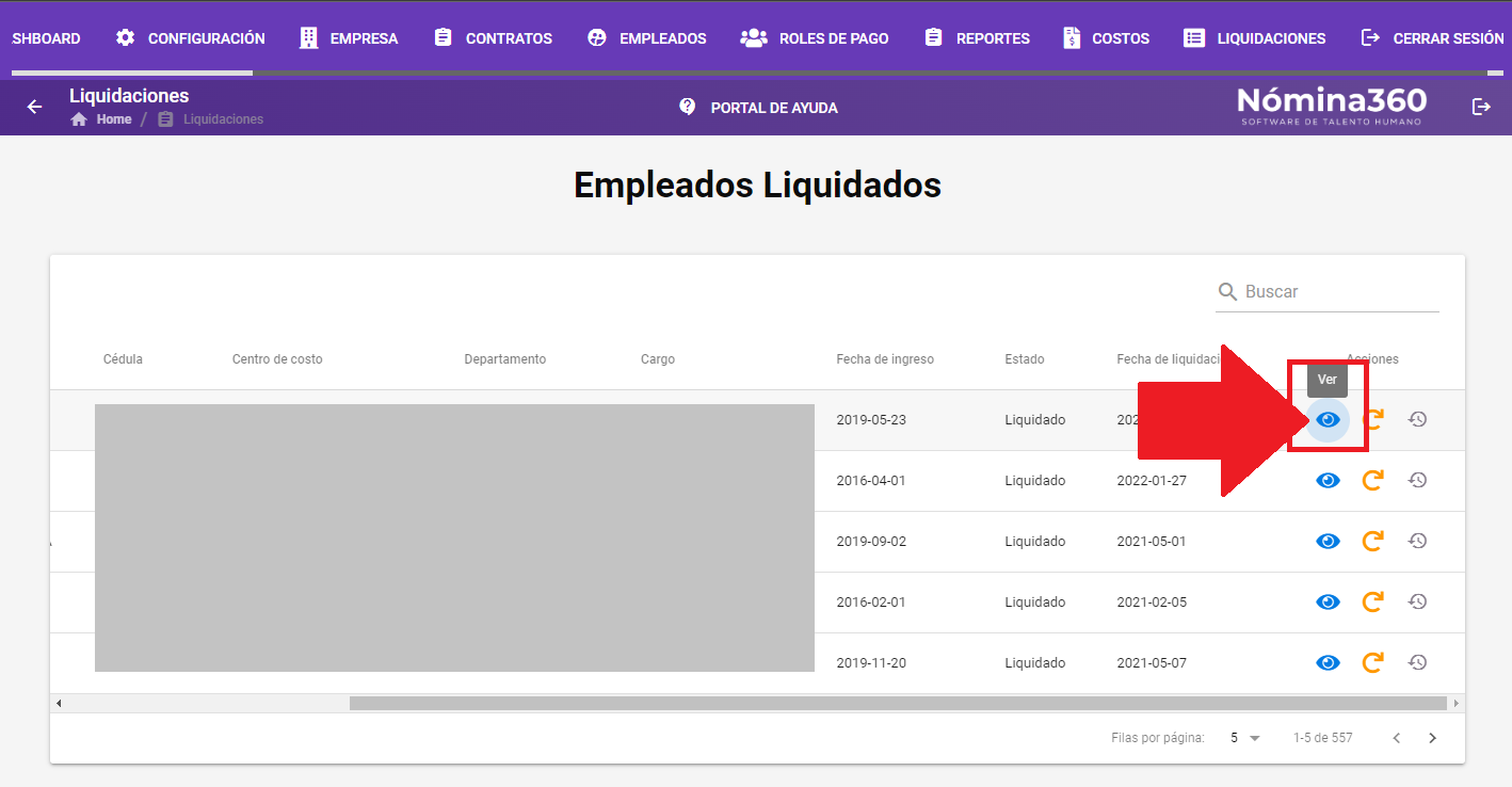 Listado de liquidaciones procesadas con el botón Ver