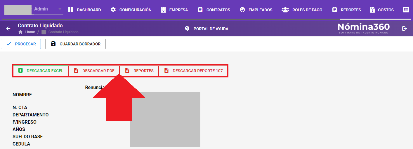 Pantalla de detalle con las opciones de descarga de reportes