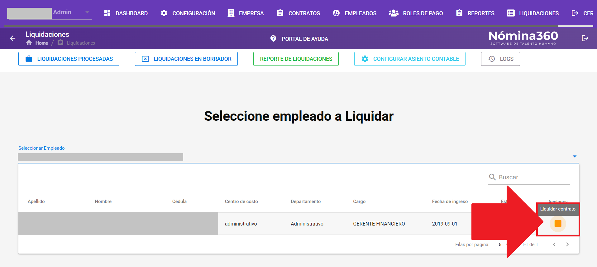 Botón Liquidar Contrato en la ficha del empleado