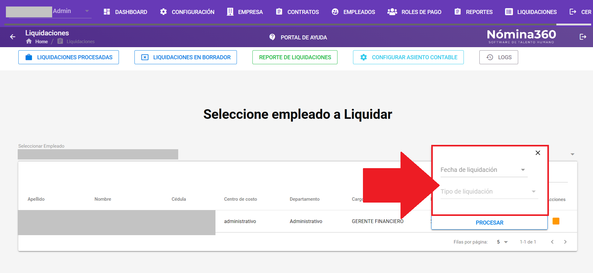 Formulario con los campos Fecha de liquidación y Tipo de Liquidación