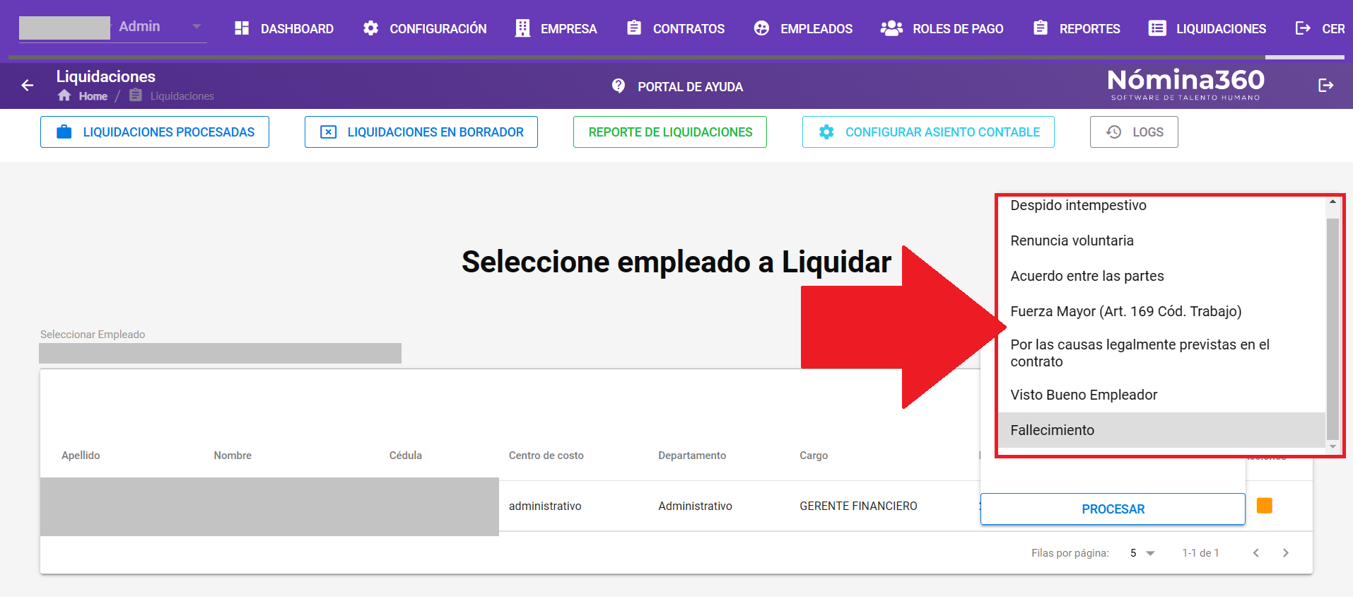 Listado de tipos de liquidación disponibles