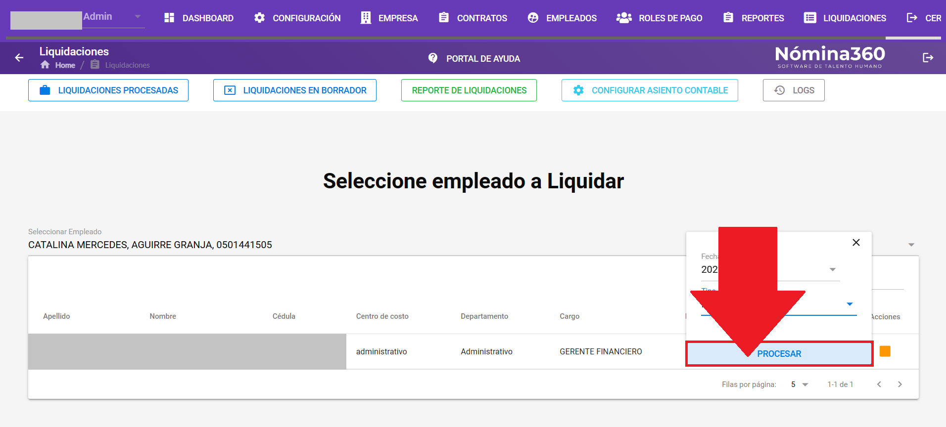 Botón Procesar al final del formulario de liquidación