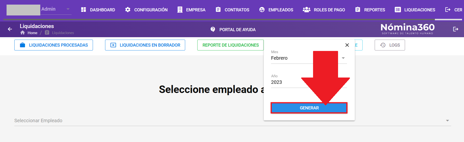 Formulario con los selectores de mes y año, y el botón Generar